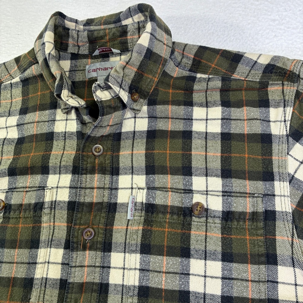 Carhartt Mens Relaxed Fit Flannel Plaid Button Down Shirt Olive Green Medium